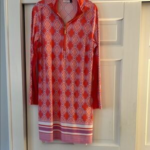 Cabana Life Coral, Purple and white Geometric Long Sleeve Dress. L Large